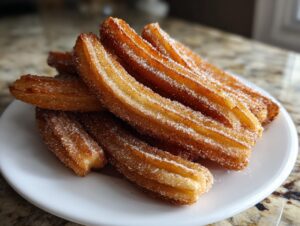 A close-up shot of a pile of golden brown churros coated in cinnamon sugar on a white plate.