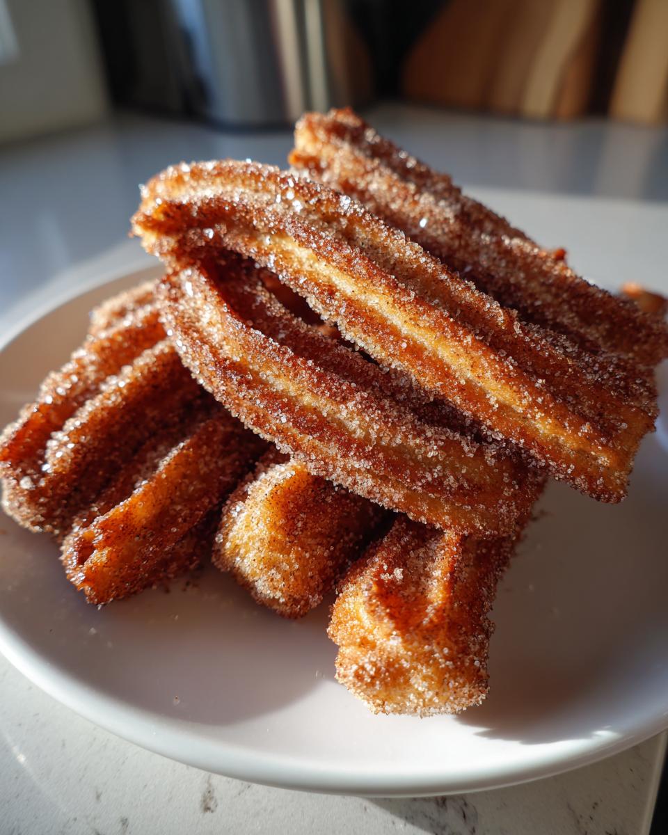 A close-up shot of a pile of golden churros generously coated in cinnamon sugar.