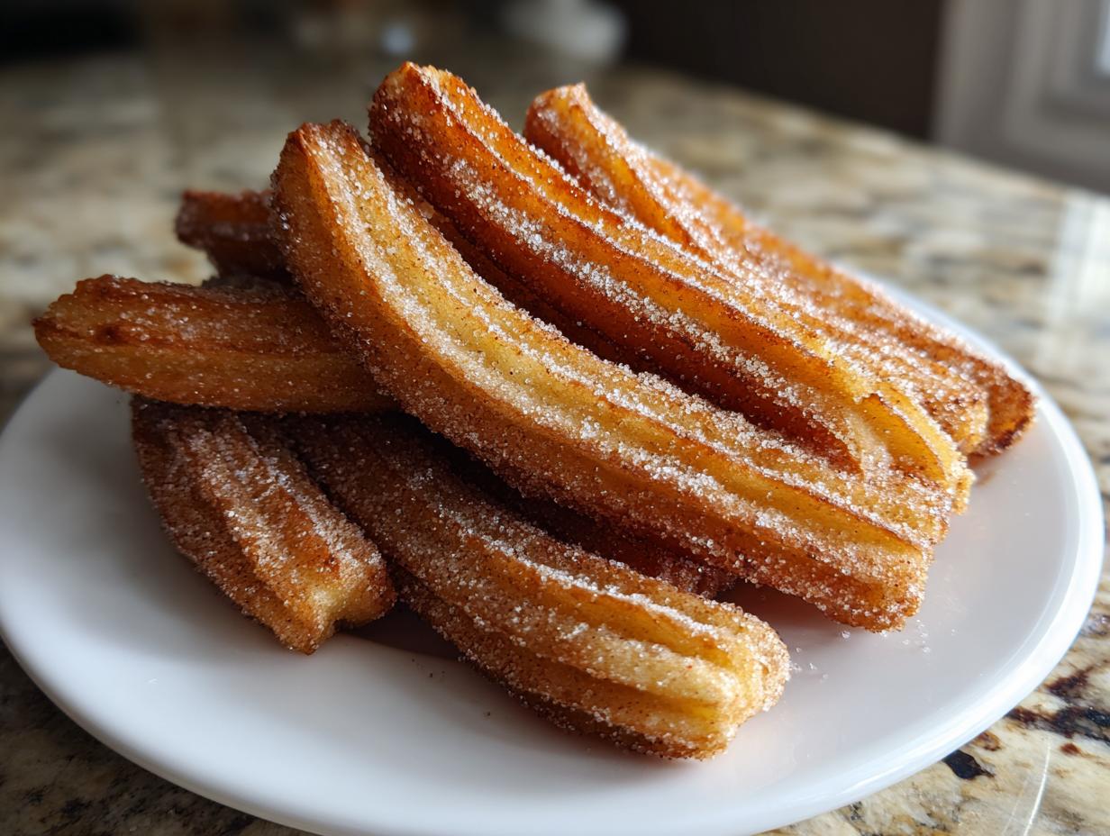 A close-up shot of a pile of golden brown churros coated in cinnamon sugar on a white plate.