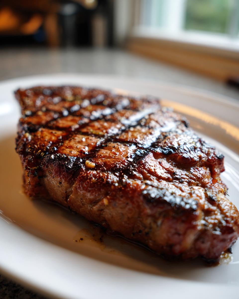 A close-up of a perfectly grilled pork chop, showcasing grill marks and a glistening marinade.