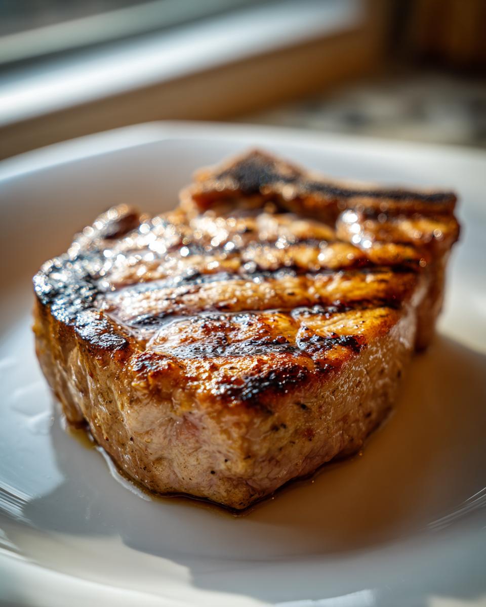 Close-up of a perfectly grilled pork chop, showcasing its juicy texture and grill marks. This is the result of a flavorful marinade for pork chops.