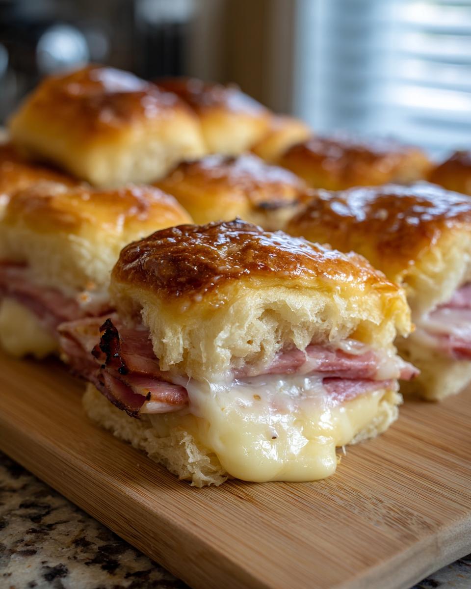 Close-up of a delicious Ham and Cheese Slider with melted cheese oozing out.