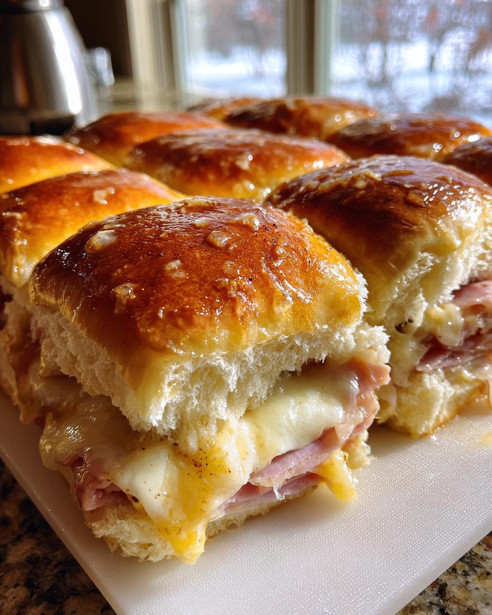 Close-up of delicious Ham and Cheese Sliders with melted cheese and golden-brown buns.