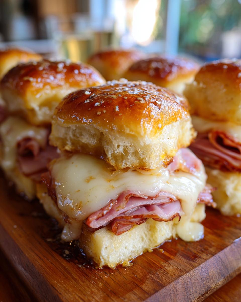 Close-up of delicious ham and cheese sliders with melted cheese oozing out.