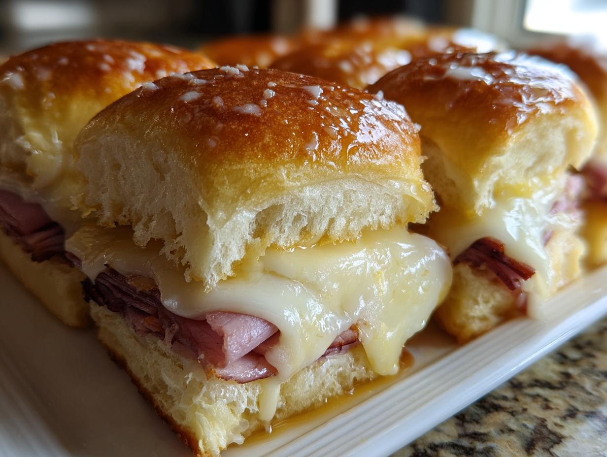 Close-up of golden brown ham and cheese sliders with melted cheese oozing out.
