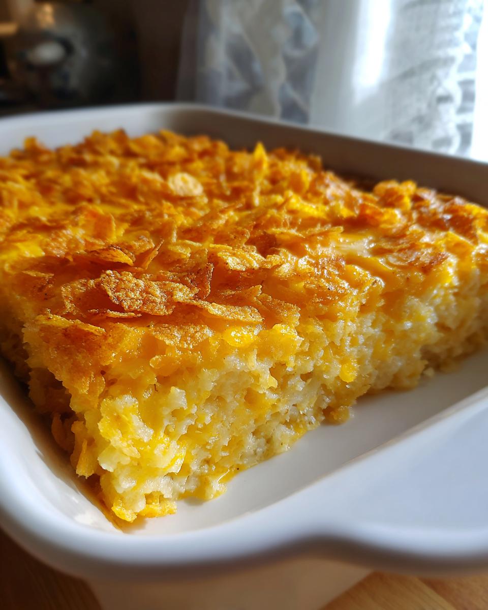 A close-up of a golden-brown hashbrown casserole, topped with melted cheese and crushed cornflakes.