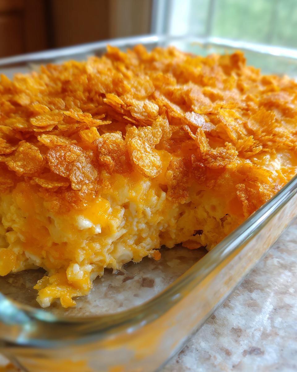 Close-up of a golden brown hashbrown casserole in a glass baking dish, topped with crushed cornflakes.