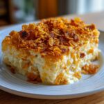 A close-up of a slice of creamy hashbrown casserole topped with crunchy, golden-brown cornflakes.
