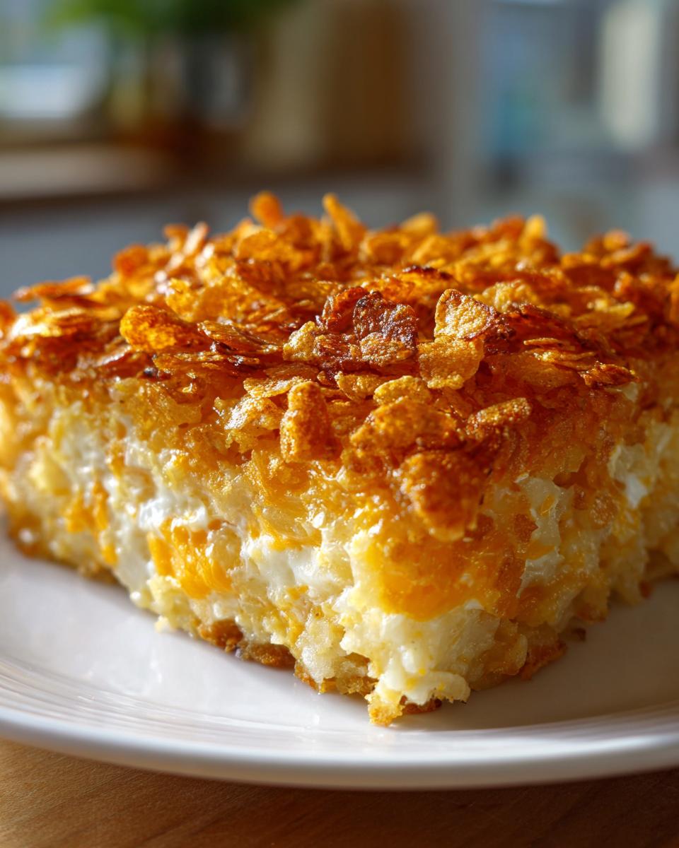 A close-up of a delicious slice of hashbrown casserole topped with crunchy, golden cornflakes.