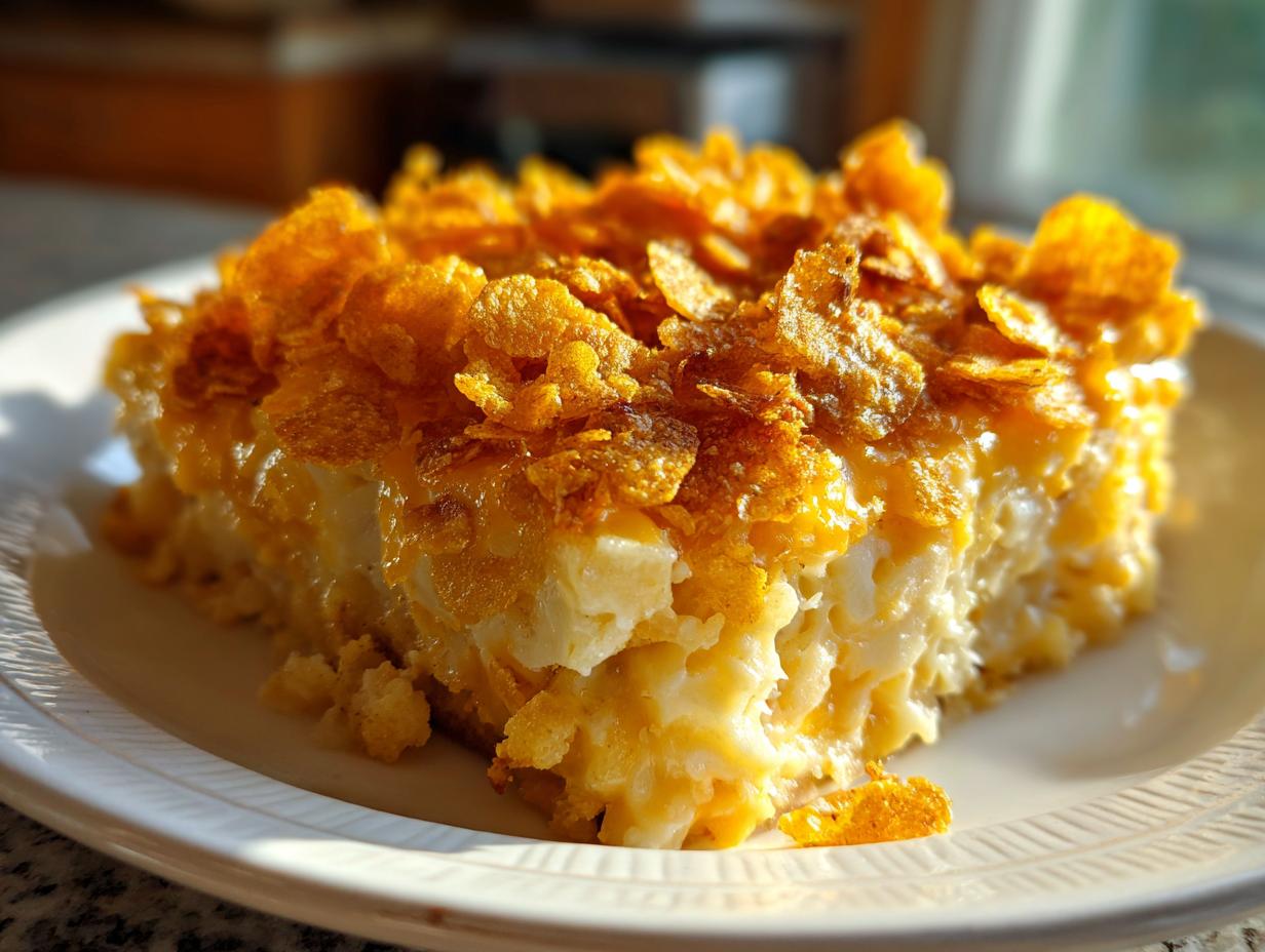 A close-up of a slice of creamy hashbrown casserole topped with crunchy cornflakes.