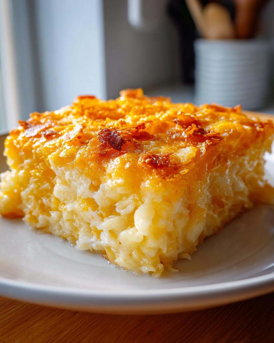 A close-up shot of a golden-brown slice of hashbrown casserole on a white plate.