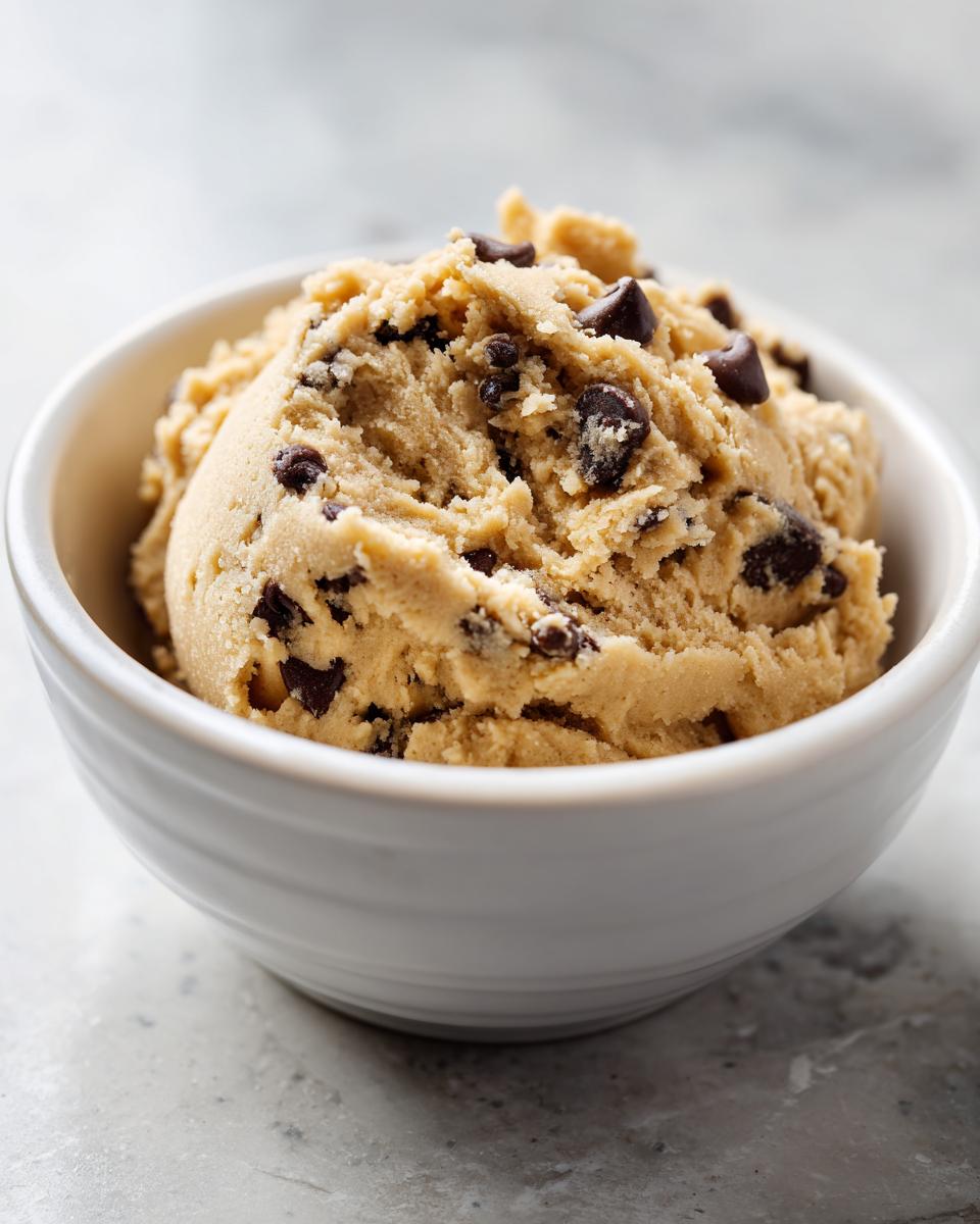 A close-up of a white bowl filled with creamy, chocolate chip-studded high protein cookie dough.