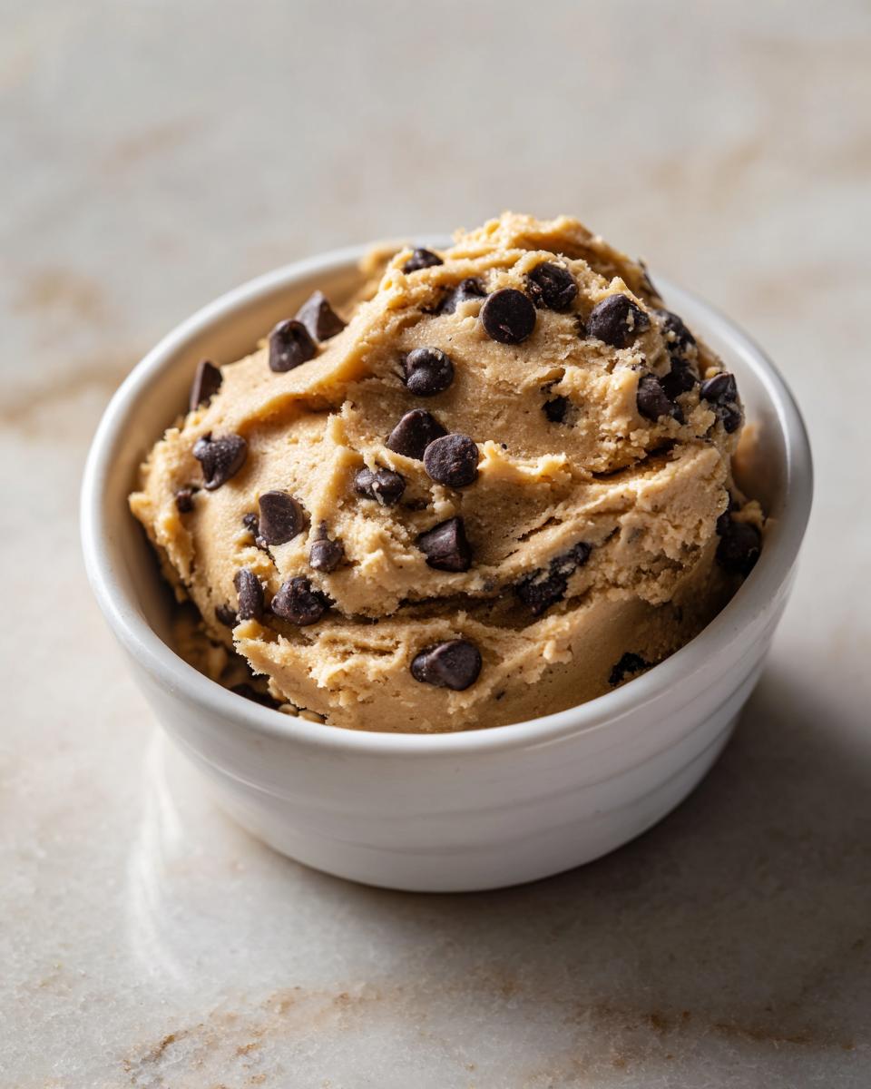 A close-up of a bowl filled with creamy high protein cookie dough studded with dark chocolate chips.