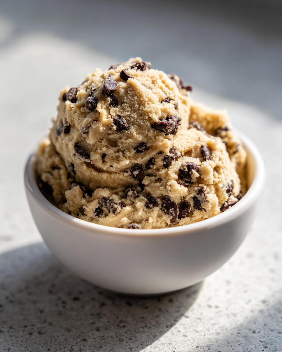 A scoop of delicious high protein cookie dough with chocolate chips in a white bowl.