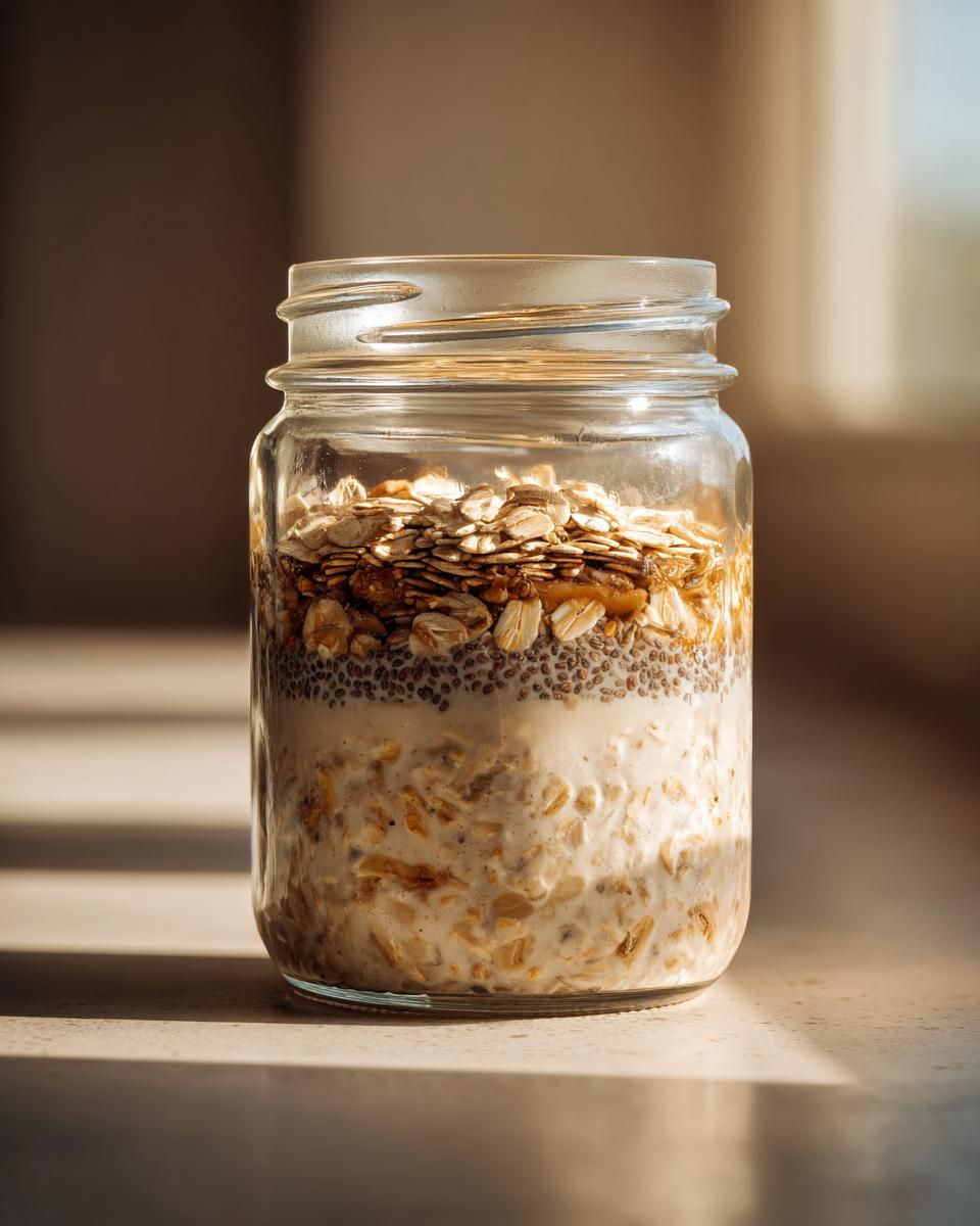 Close-up of a glass jar filled with layers of high protein overnight oats, chia seeds, and granola.