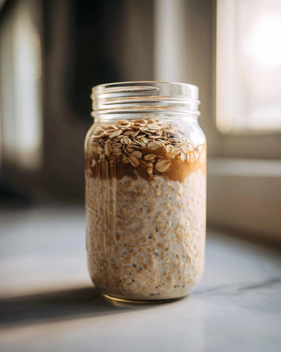 A close-up of high protein overnight oats in a glass jar, topped with peanut butter and oats.
