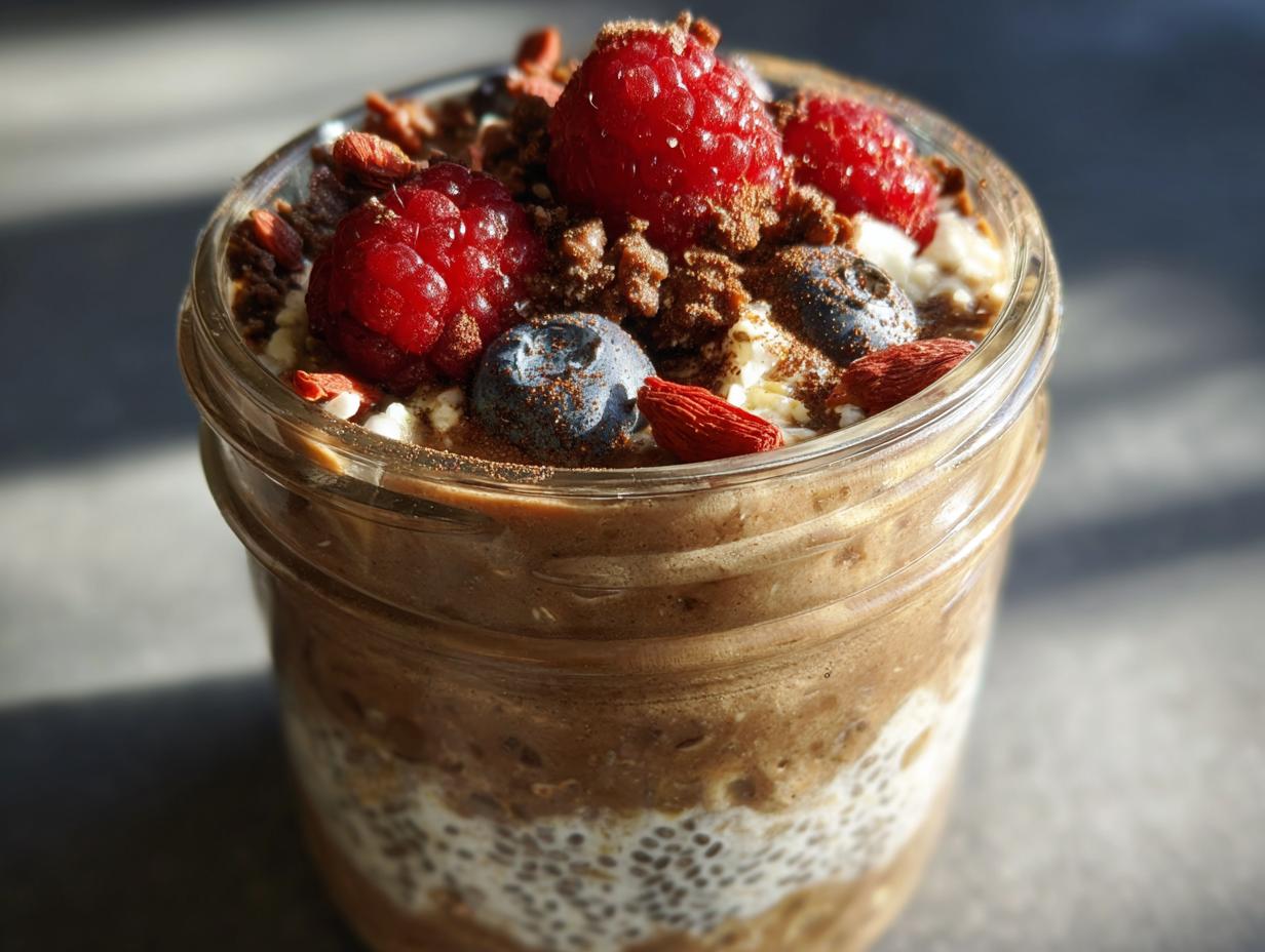 A close-up of a jar filled with high protein overnight oats, topped with raspberries, blueberries, goji berries, and cocoa powder.