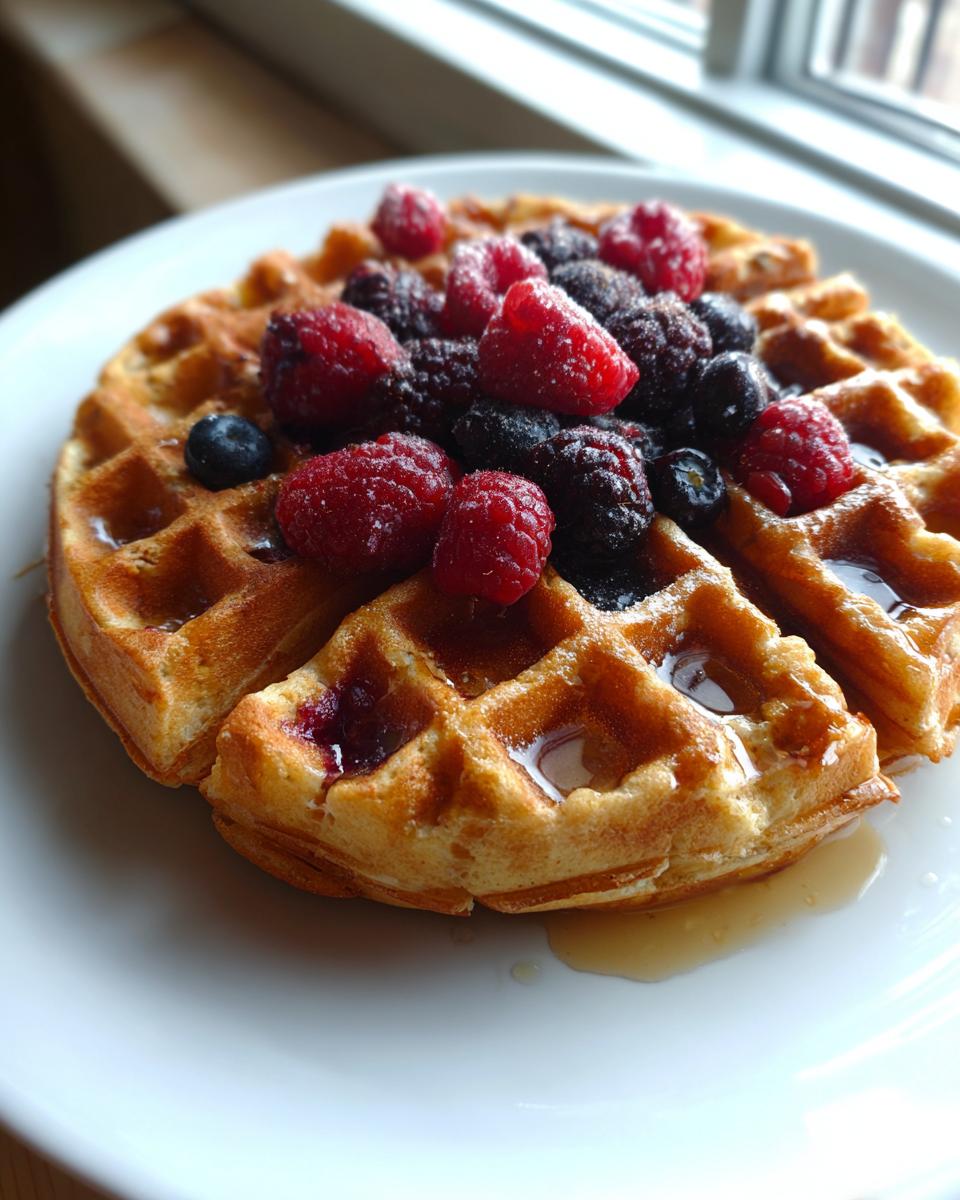 A close-up of golden-brown high protein waffles topped with fresh raspberries, blueberries, blackberries, and syrup.