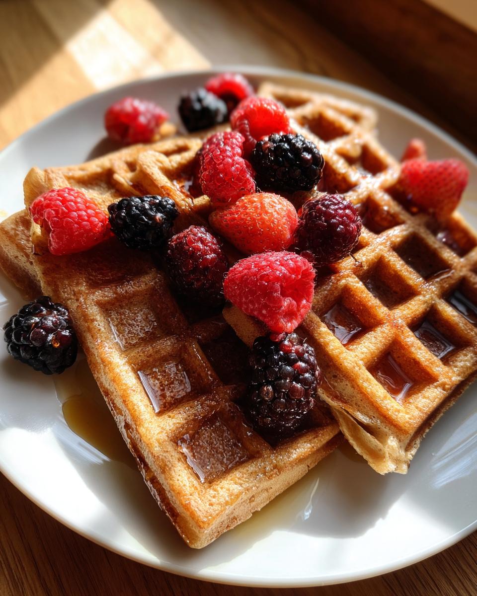 Two golden-brown high protein waffles topped with fresh raspberries and blackberries, drizzled with syrup.
