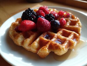 A golden brown high protein waffle topped with fresh strawberries, blueberries, raspberries, and blackberries, drizzled with syrup.