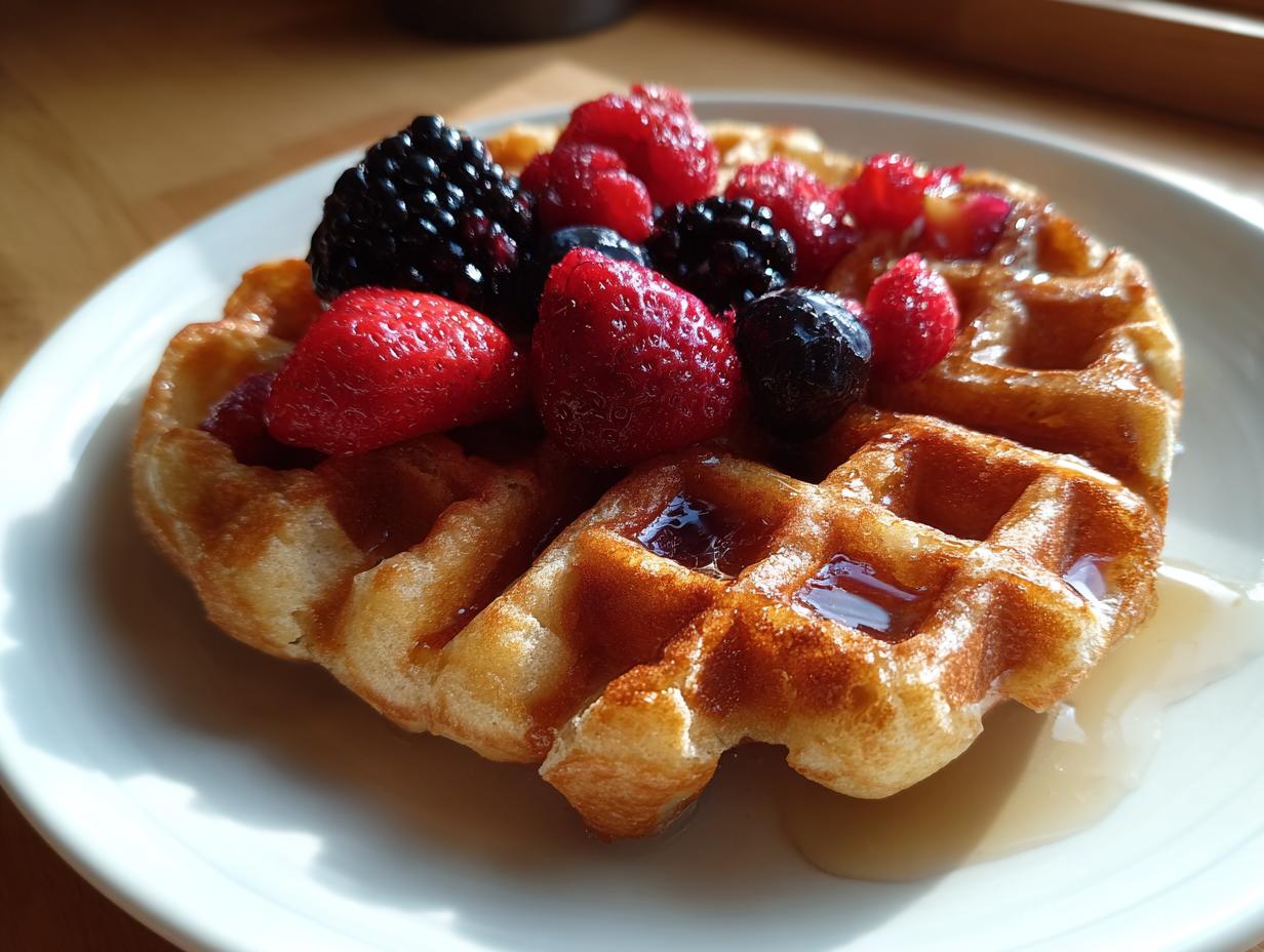 A golden brown high protein waffle topped with fresh strawberries, blueberries, raspberries, and blackberries, drizzled with syrup.