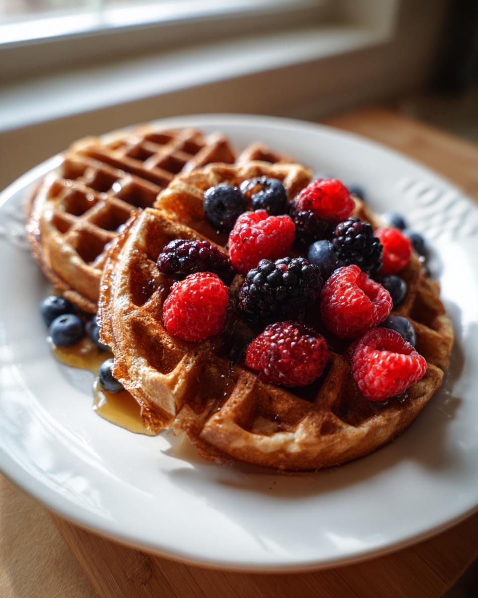Close-up of two golden-brown high protein waffles topped with fresh raspberries, blueberries, and blackberries, drizzled with syrup.