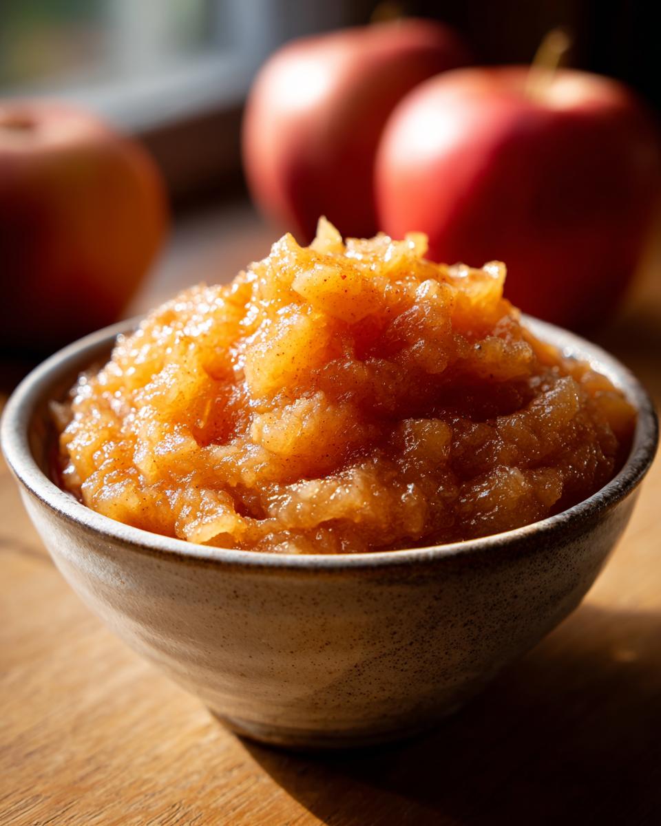 Close-up of a rustic bowl filled with chunky homemade applesauce, with red apples blurred in the background.