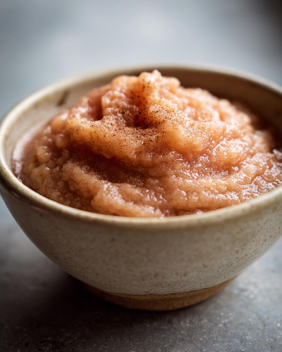 Close-up of a bowl filled with textured homemade applesauce, lightly dusted with cinnamon.
