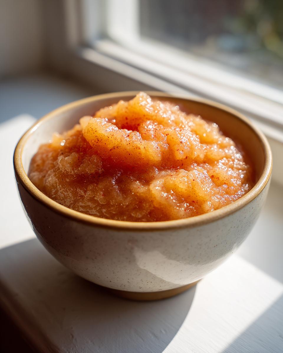 A close-up of a bowl filled with chunky, cinnamon-spiced homemade applesauce, bathed in natural light.