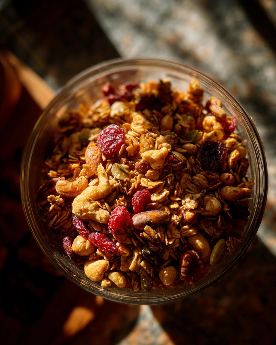 Top view of a glass bowl filled with delicious homemade granola, featuring oats, nuts, seeds, and dried cranberries.