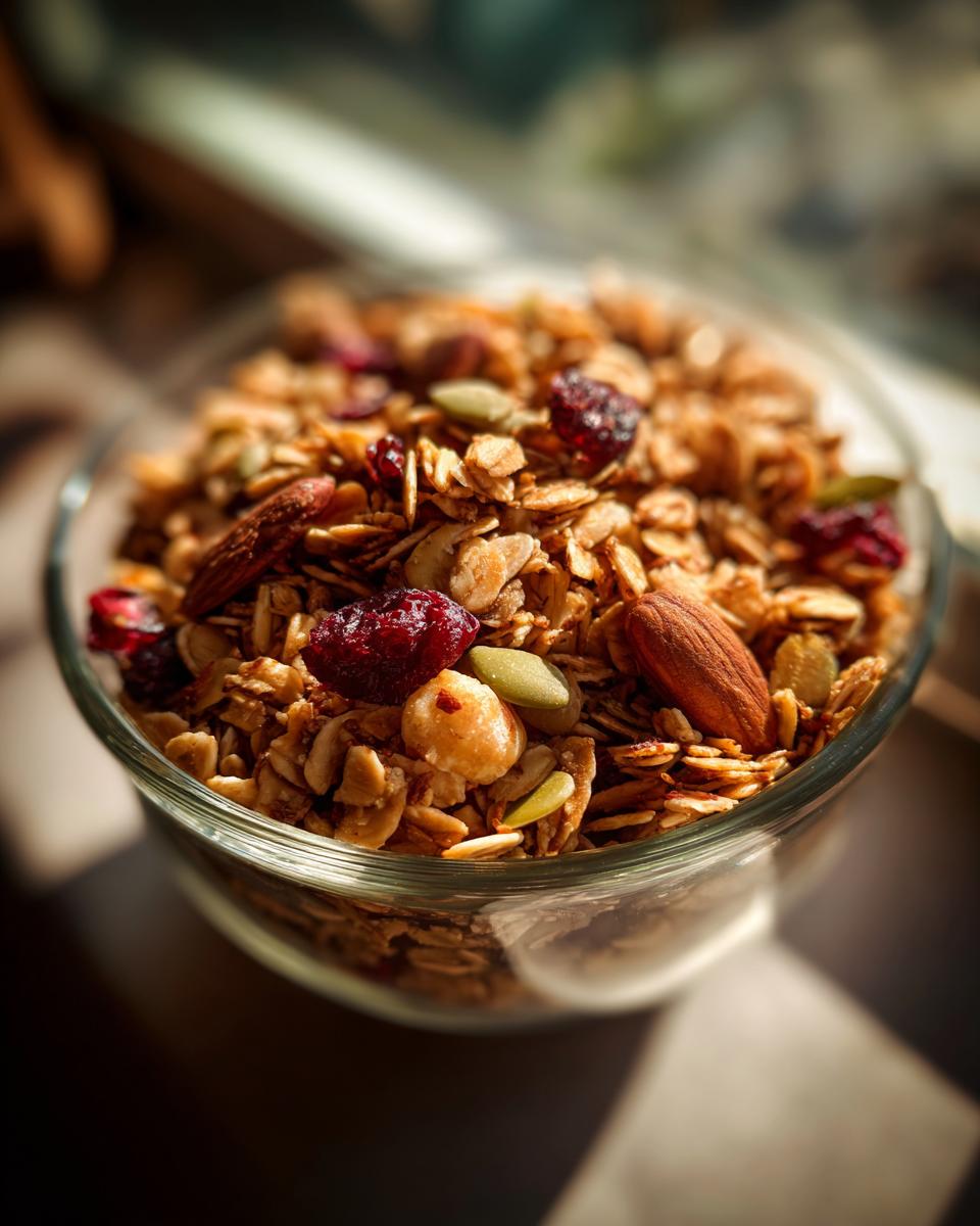 A close-up of a glass bowl filled with delicious homemade granola, featuring oats, almonds, pumpkin seeds, and dried cranberries.