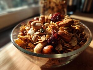 Close-up of a glass bowl filled with delicious homemade granola, featuring oats, almonds, dried cranberries, and pumpkin seeds.