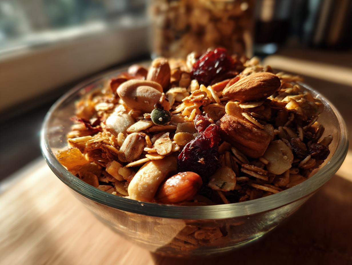 Close-up of a glass bowl filled with delicious homemade granola, featuring oats, almonds, dried cranberries, and pumpkin seeds.