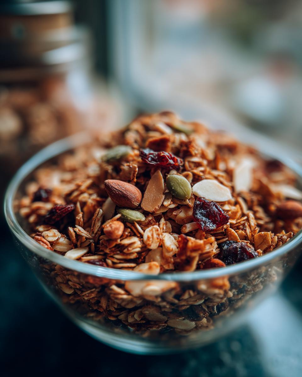 Close-up of a glass bowl filled with delicious homemade granola, featuring almonds, pumpkin seeds, and dried cranberries.