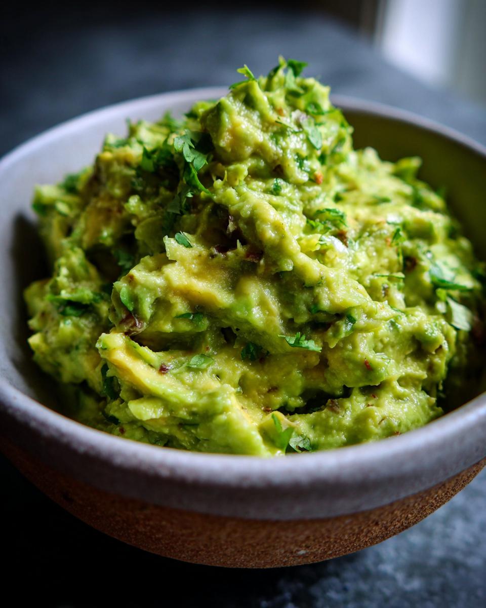 A close-up of a bowl filled with vibrant, chunky Homemade Guacamole, garnished with fresh cilantro.