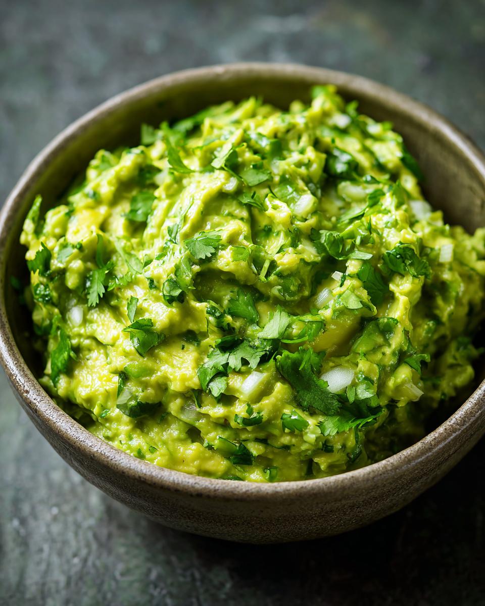 A close-up shot of a bowl filled with vibrant green Homemade Guacamole, topped with fresh cilantro and diced onions.