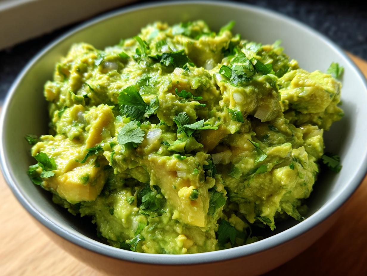 Close-up of a bowl filled with chunky, fresh homemade guacamole, garnished with chopped cilantro and white onion.