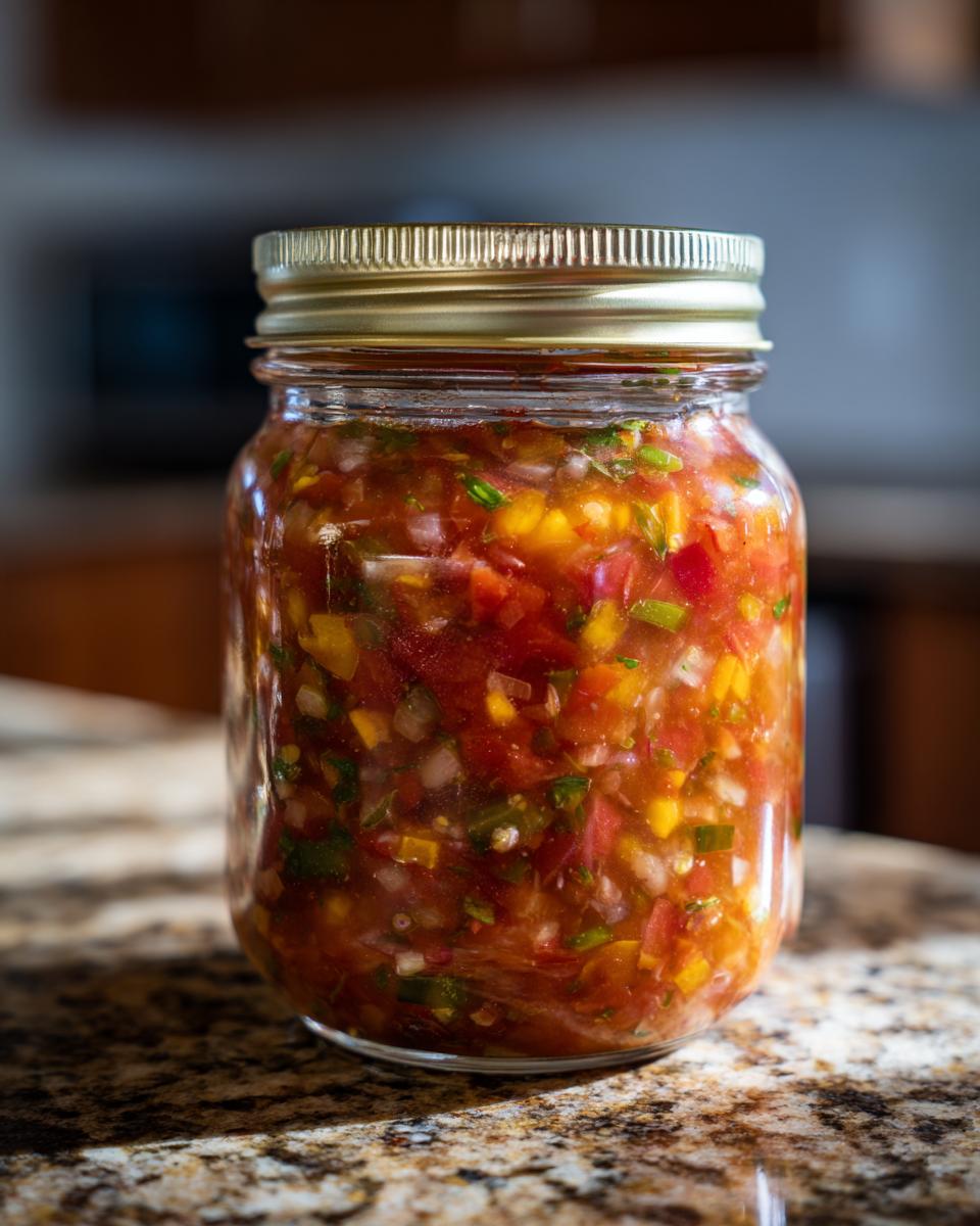 A close-up of a glass jar filled with vibrant, chunky homemade salsa, showcasing tomatoes, onions, peppers, and cilantro.