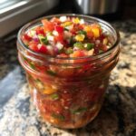 A close-up shot of a glass jar filled with vibrant, chunky homemade salsa.