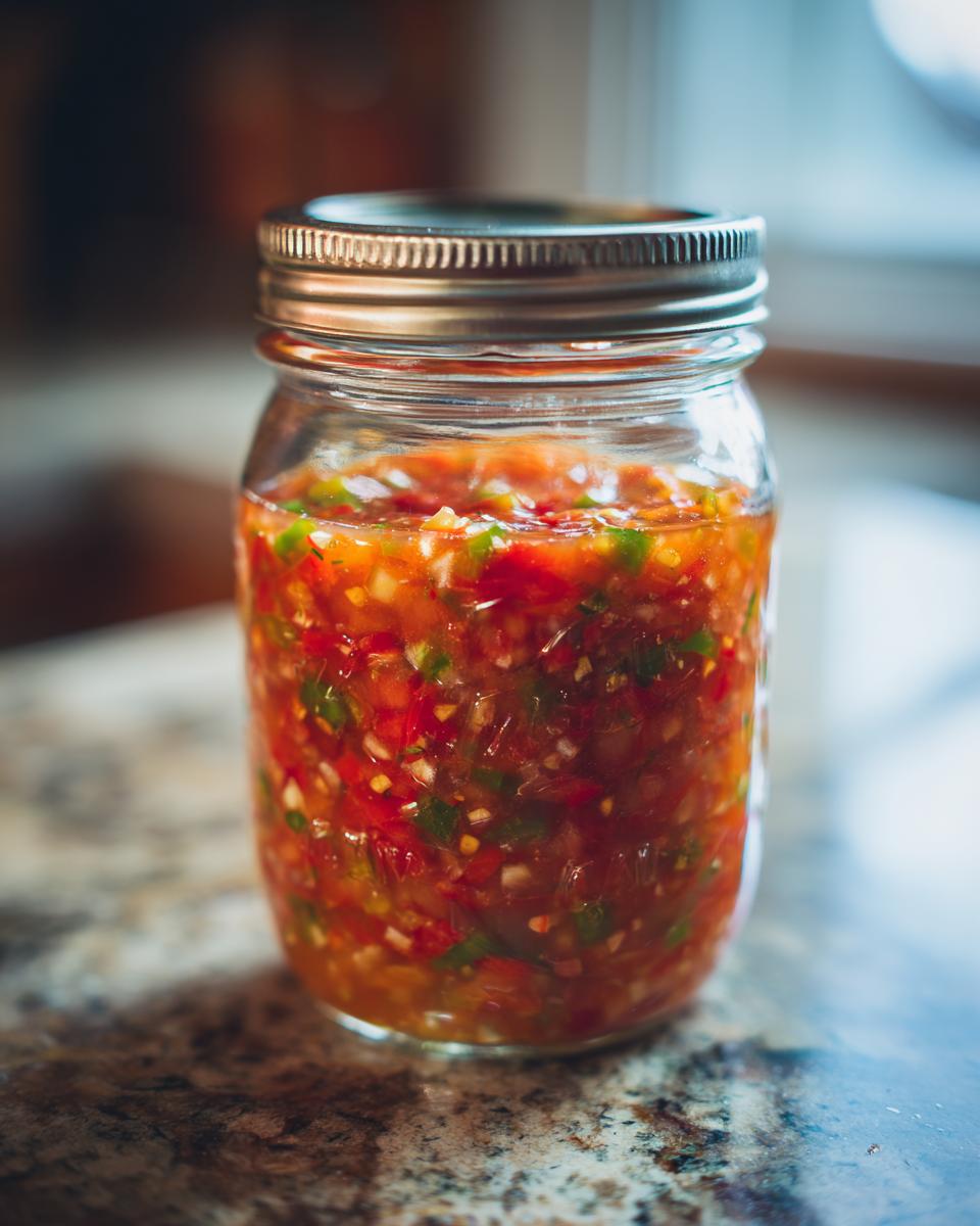 A close-up shot of a jar filled with vibrant, chunky homemade salsa.
