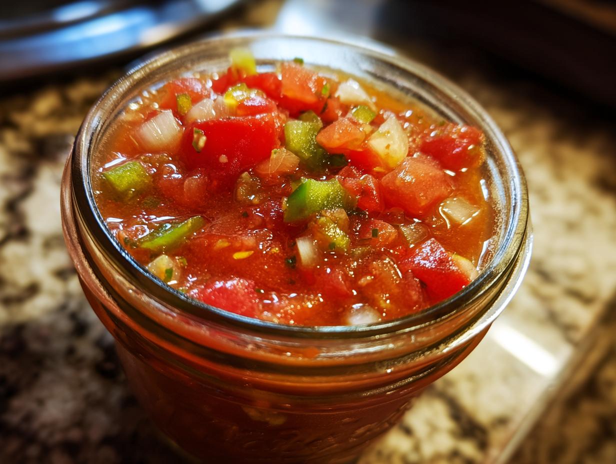 Close-up of a glass jar filled with vibrant, fresh homemade salsa, showing diced tomatoes, onions, and jalapeños.