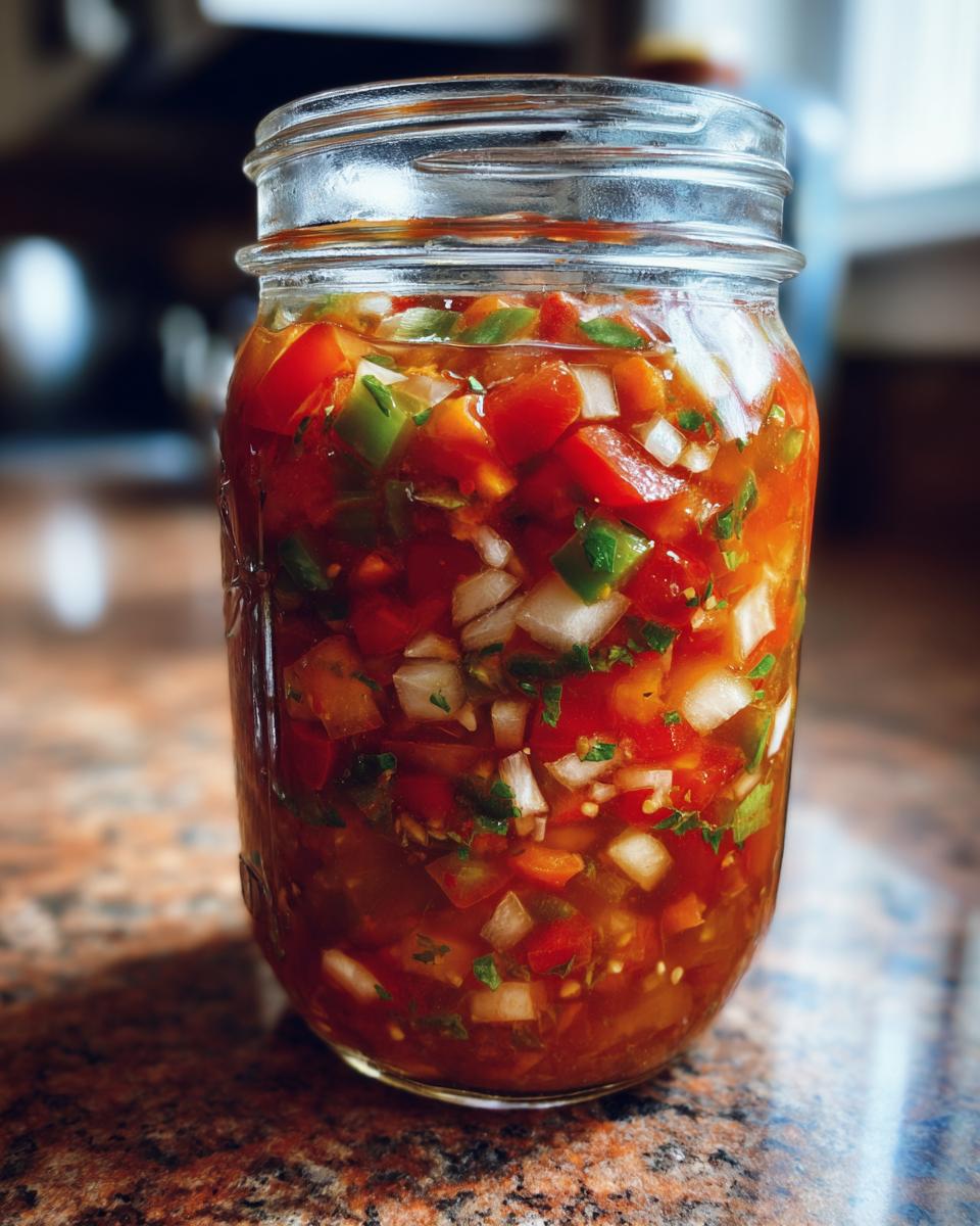 A close-up shot of vibrant homemade salsa filled in a glass mason jar, featuring chopped tomatoes, onions, and cilantro.