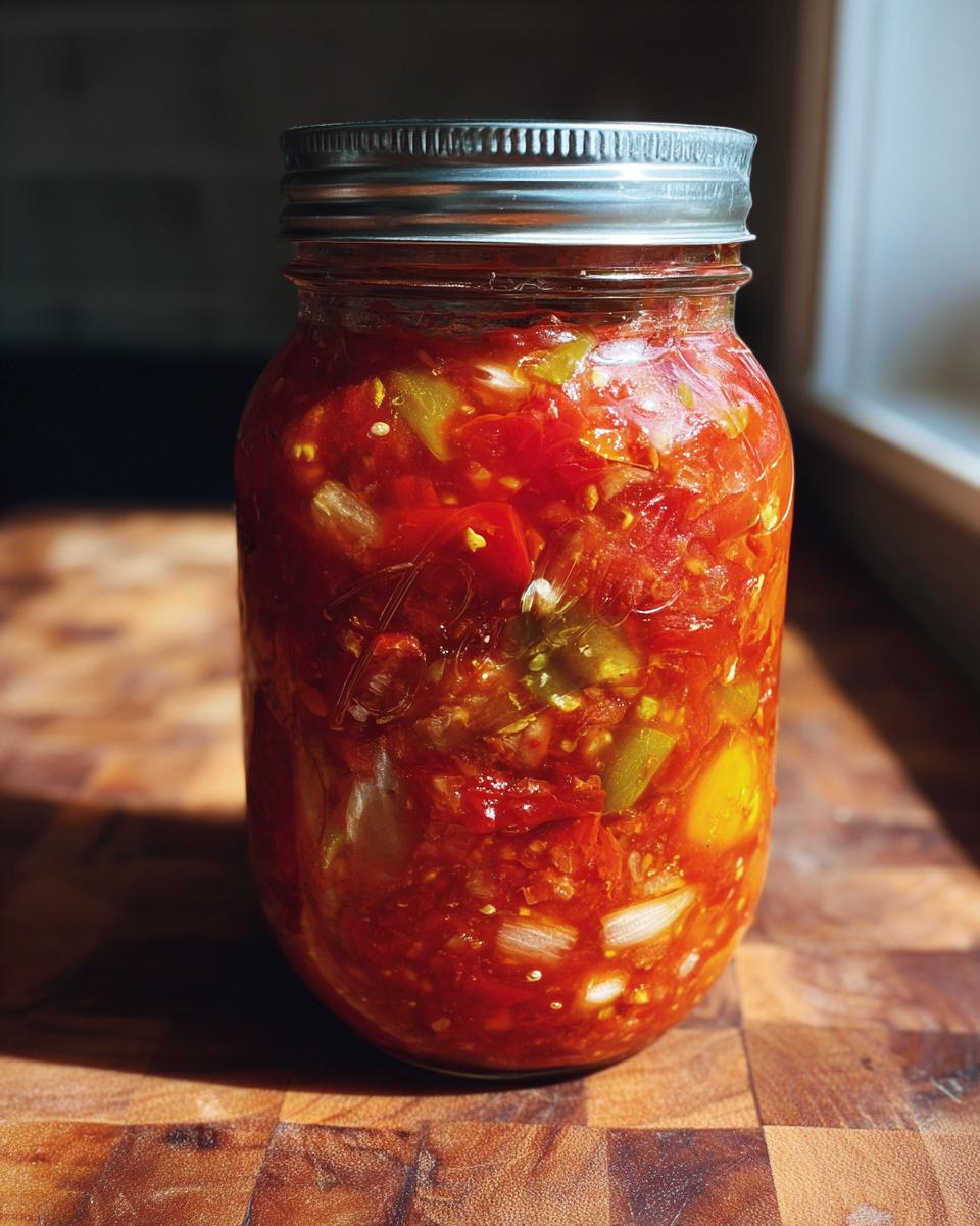 A close-up of a mason jar filled with vibrant, chunky homemade salsa, showcasing tomatoes, onions, and peppers.