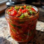 Close-up of a jar filled with homemade tomato salsa canning, showing chopped tomatoes, green peppers, and onions.