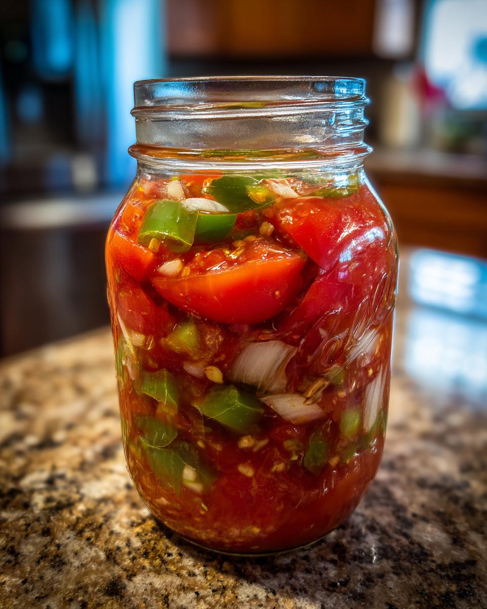 Close-up of a glass jar filled with fresh ingredients for homemade tomato salsa canning, including chopped tomatoes, green peppers, and onions.