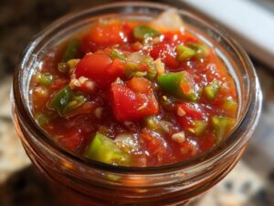 Close-up of a jar filled with fresh homemade tomato salsa, showing chunks of tomatoes, peppers, and onions.