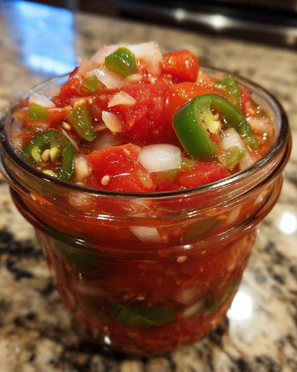 Close-up of a glass jar filled with fresh homemade tomato salsa, showing chopped tomatoes, onions, and jalapeños.