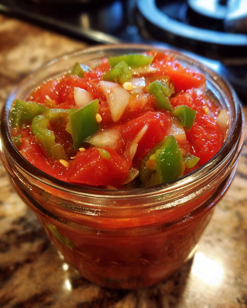 Close-up of a glass jar filled with fresh homemade tomato salsa canning, featuring chopped tomatoes, onions, and green peppers.
