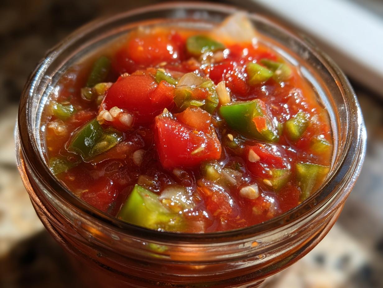 Close-up of a jar filled with fresh homemade tomato salsa, showing chunks of tomatoes, peppers, and onions.