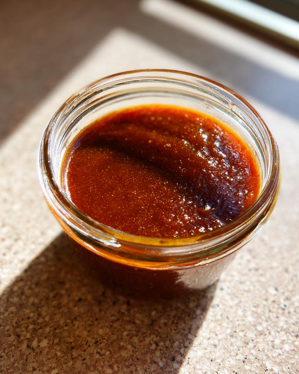 Close-up of a glass jar filled with glistening homemade honey BBQ sauce.